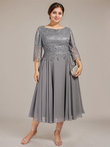 Vestido de corte A con escote redondo y largo hasta la rodilla en gasa de encaje para la madre de la novia 