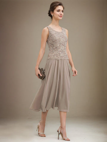 A-line Scoop Tea-Length Lace Chiffon Mother of the Bride Dress With Sequins