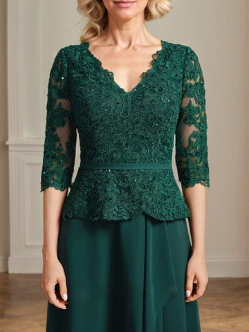 A-line V-Neck Floor-Length Lace Chiffon Mother of the Bride Dress With Cascading Ruffles Sequins