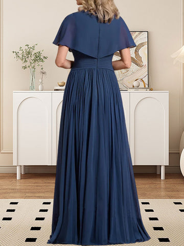 A-line V-Neck Floor-Length Chiffon Mother of the Bride Dress With Crystal Brooch Pleated