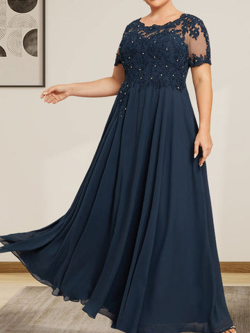 A-line Scoop Illusion Floor-Length Chiffon Lace Mother of the Bride Dress With Sequins Beading