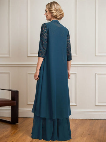 A-line Scoop Illusion Floor-Length Lace Chiffon Mother of the Bride Dress With Pleated