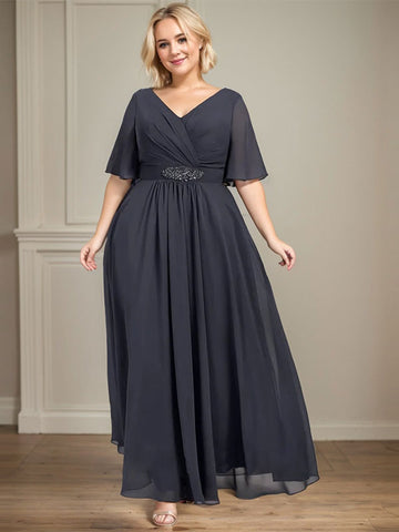 A-line V-Neck Ankle-Length Chiffon Mother of the Bride Dress With Pleated Beading Sequins