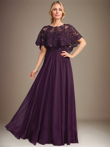 A-line Boat Neck Floor-Length Lace Chiffon Mother of the Bride Dress With Applique Sequins