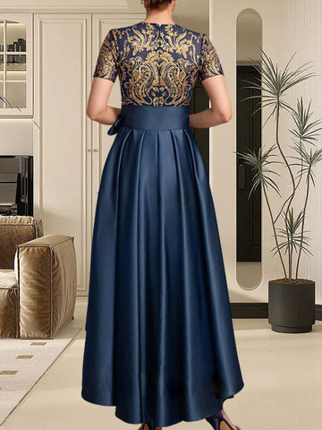 Robe de mère de la mariée asymétrique en satin à sequins et dentelle, coupe trapèze, ornée d'un nœud.
