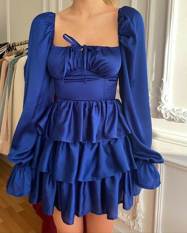 Robe de bal bleu roi à encolure carrée et manches longues, style rétro Y2467