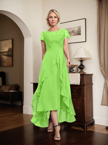 A-line Scoop Illusion Asymmetrical Chiffon Lace Mother of the Bride Dress With Bow Ruffle Sequins
