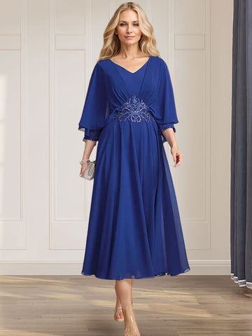 A-line V-Neck Tea-Length Chiffon Mother of the Bride Dress With Pleated Sequins Appliques Lace Beadind