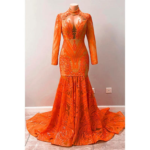 Robe de bal sirène américaine unique à col haut et manches longues avec appliques de paillettes 
