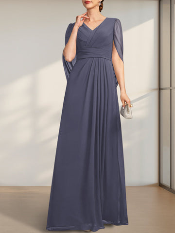 A-line V-Neck Floor-Length Chiffon Mother of the Bride Dress With Pleated