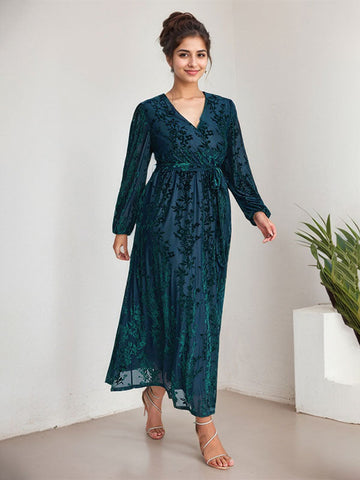 A-Line V-Neck Long Sleeves Velvet Tea-Length Mother of the Bride Dress With Split
