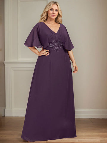 A-line V-Neck Floor-Length Chiffon Mother of the Bride Dress With Pleated Sequins Appliques Lace