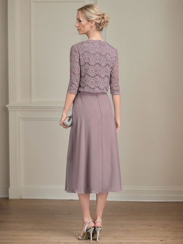 A-line Scoop Tea-Length Chiffon Mother of the Bride Dress With Pleated