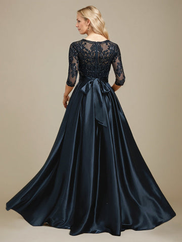 A-line Scoop Illusion Floor-Length Stretch Satin Lace Mother of the Bride Dress With Bow Sequins