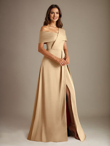 A-Line Asymmetrical Neckline Floor-Length Satin Mother of the Bride Dress With Pleated