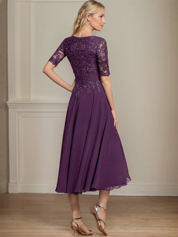 A-line V-Neck Tea-Length Lace Chiffon Mother of the Bride Dress With Sequins