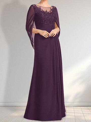 A-line Scoop Illusion Floor-Length Lace Chiffon Mother of the Bride Dress With Pleated Sequins