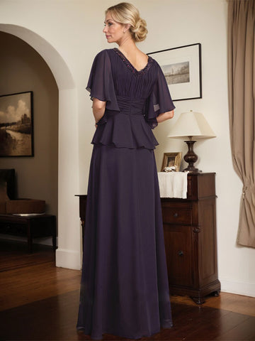 A-line V-Neck Floor-Length Chiffon Mother of the Bride Dress With Pleated Beading