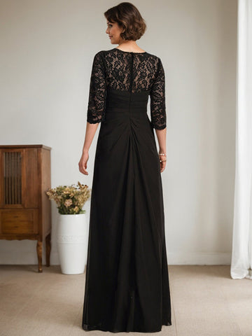 A-Line Scoop Illusion Floor-Length Lace Chiffon Mother Of the Bride Dress With Beading Ruffles