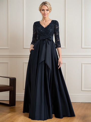 A-line V-Neck Floor-Length Satin Lace Mother of the Bride Dress With Sequins Bow
