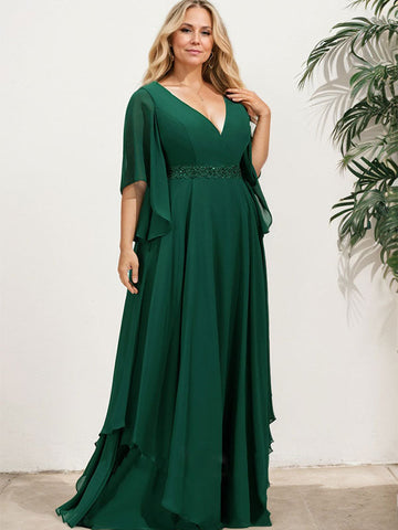 A-line V-Neck Floor-Length Chiffon Mother of the Bride Dress With Sequins Appliques Lace Beading