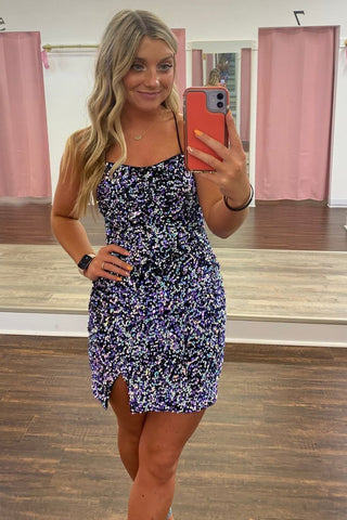 Sparkly Sheath Spaghetti Straps Purple Sequins Short Homecoming Dress with Criss Cross Back