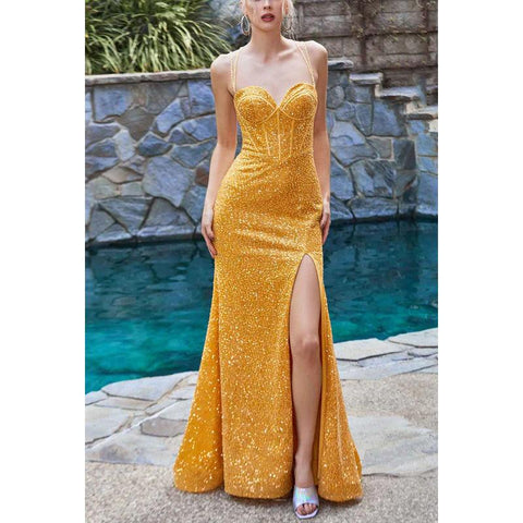 Robe de soirée longue fourreau à bretelles spaghetti et paillettes