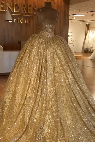 Spaghetti Straps Gold Evening Dress | Luxury Ball Gown Princess Prom Dress S19116