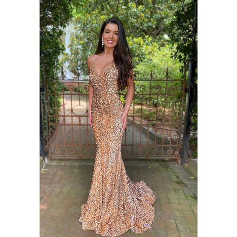 Robe de bal sirène sexy à paillettes et col en V 