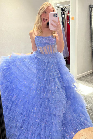 Golden Tulle Princess Strapless Tiered Long Prom Dress with Slit