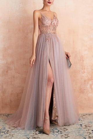 Spaghetti Straps Pink Long Prom Dress With Slit
