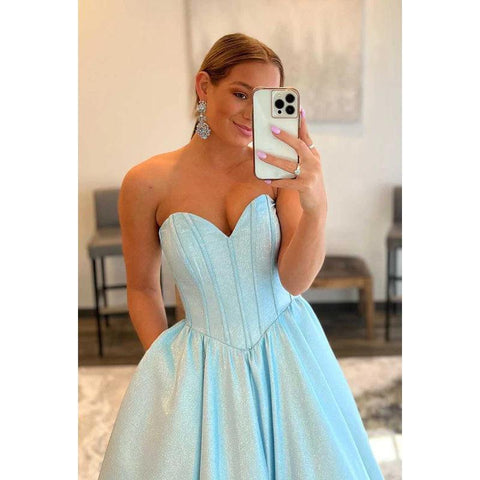 Robe de bal longue trapèze scintillante sans bretelles avec poches