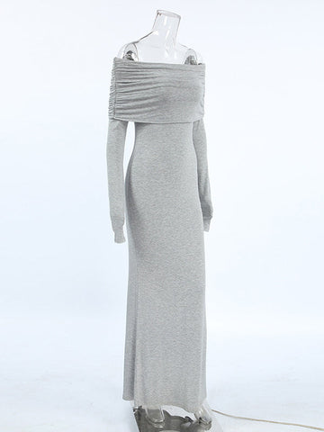 Long Sleeves Skinny Pleated Solid Color Split-Joint Off-The-Shoulder Evening Dresses Maxi Dresses