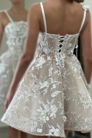 Deluxe Short A-Line Square Neck Spaghetti Straps Lace Prom Dresses with Appliques