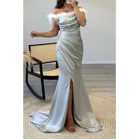 Sheath/column Off-shoulder Feather Saitn Long Prom Evening Dress