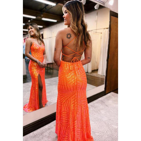 Vestido de fiesta de graduación con escote en V, tirantes finos, espalda descubierta y abertura lateral