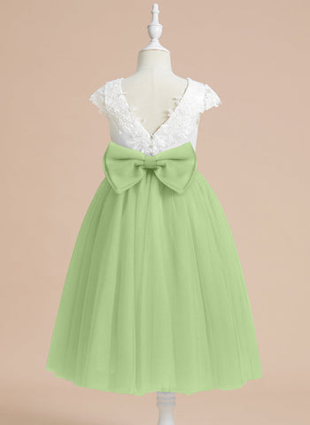 A-line Satin Tulle Tea-length First Communion Flower Girl Dress