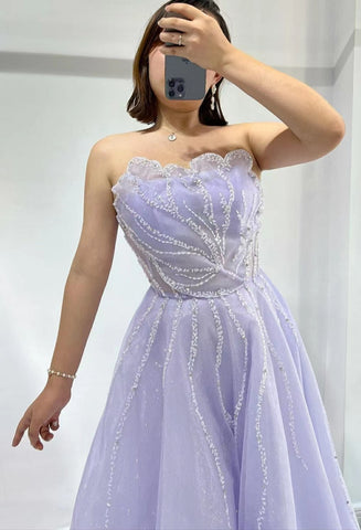 Strapless Lilac  A-Line Tulle Prom Dress With Sequins Beads