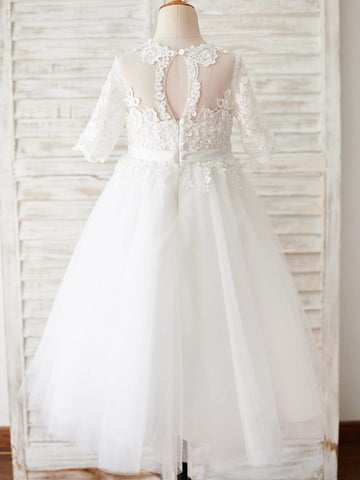 A-line Lace Tulle Floor-length First Communion Flower Girl Dress