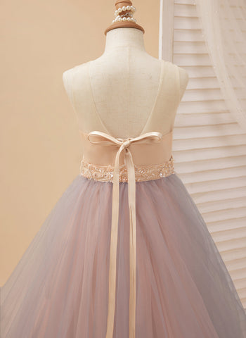 A-line Satin Tulle Sweep Train Champagne Dress (010226776)