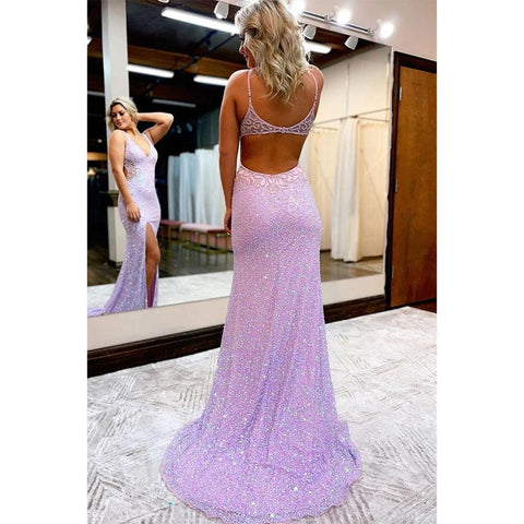 Vestido de fiesta sexy con escote en V, cuentas, abertura alta y brillante con abertura