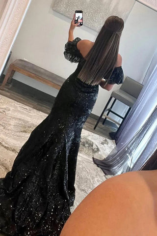 Robe de bal longue à sequins scintillants et épaules dénudées