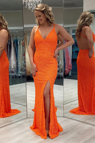 Sequins Backless Prom Dress with Slit
