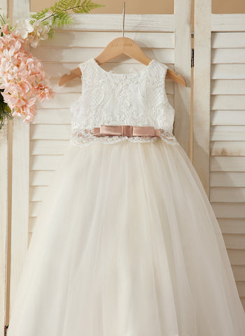 Ball-Gown/Princess Tulle Sweep Train Ivory  Flower Girl Dress