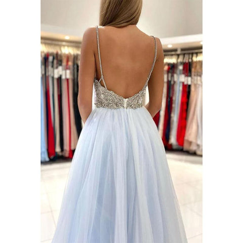 Vestido de fiesta largo con tirantes finos, escote en V y cuentas 