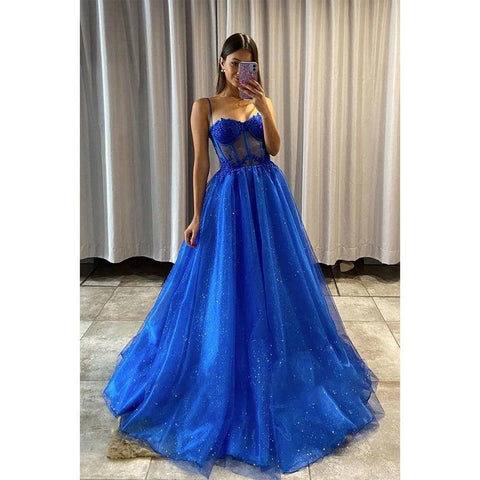 Vestido de fiesta brillante con apliques de encaje y tirantes finos para mujer 