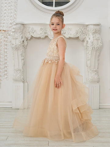 Ball-Gown/Princess Tulle Sweep Train Champagne Flower Girl Dress