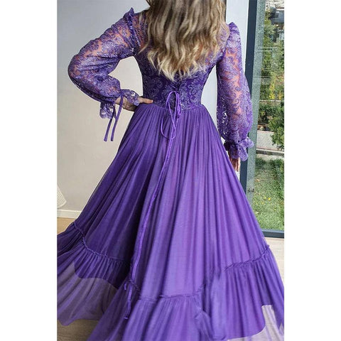 Vestido de noche formal de corte A con mangas largas y encaje redondo único 