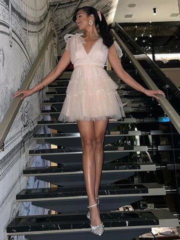 TARUXY Solid Mesh Splice Bow Mini Dress For Women Pearl Sleeveless Sexy Plunge V Neck Solid Elegant Party Evening Dress Female