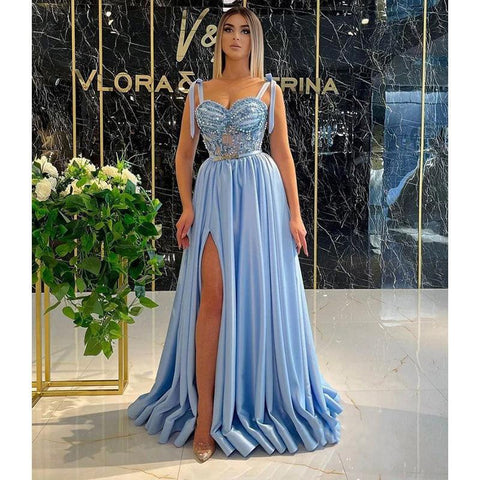 Vestidos de fiesta largos de corte A con abertura alta y tirantes finos y cuentas para mujer 